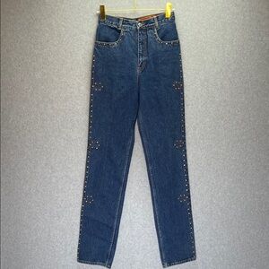 Lawman Western Vintage Boho Blue Studded Straight Leg Slim Fit High Rise Jeans